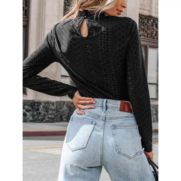 imageCUPSHE Women Bodysuits Stand Collar Cutout Lace Bodysuit Long Sleeve Mock Neck Jumpsuit Sexy CasualBlack