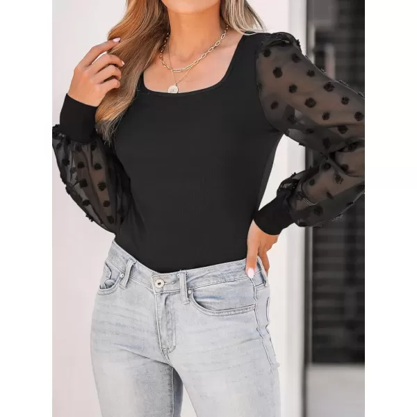 imageCUPSHE Women Bodysuits Swiss Dot Ribbed Bodysuit Lace Long Sleeves Leotard Sexy CasualBlack
