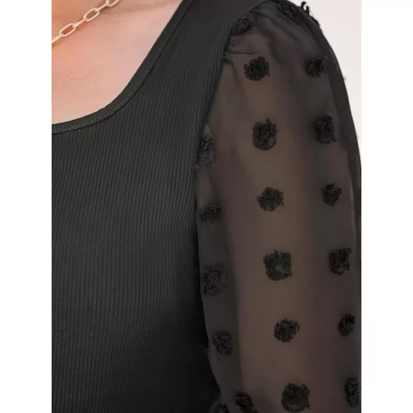 imageCUPSHE Women Bodysuits Swiss Dot Ribbed Bodysuit Lace Long Sleeves Leotard Sexy CasualBlack