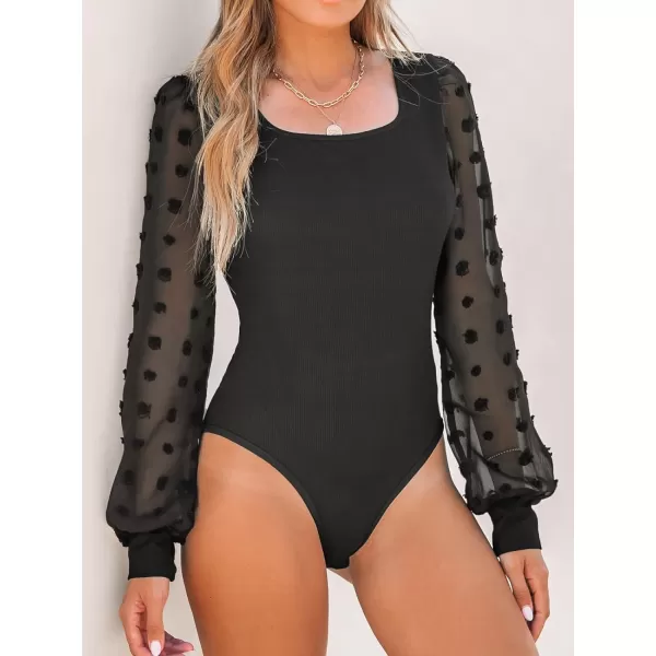 imageCUPSHE Women Bodysuits Swiss Dot Ribbed Bodysuit Lace Long Sleeves Leotard Sexy CasualBlack