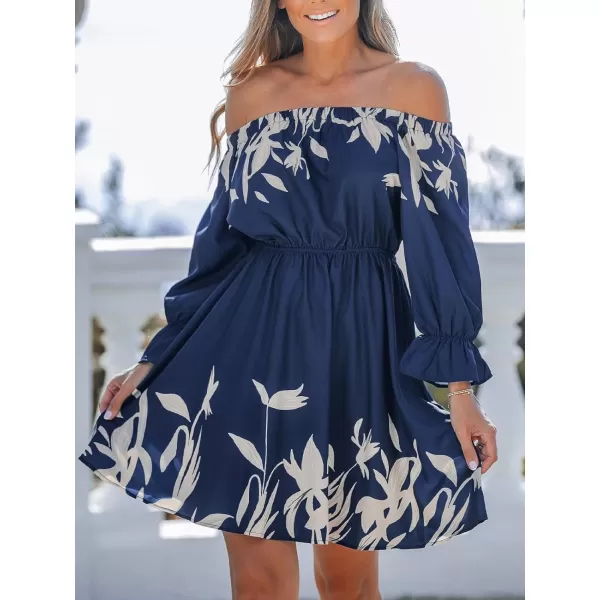 imageCUPSHE Women Boho Paisley Dress Off Shoulder Ruffled 34 Sleeve Beach Summer A Line Mini DressNavy Blue