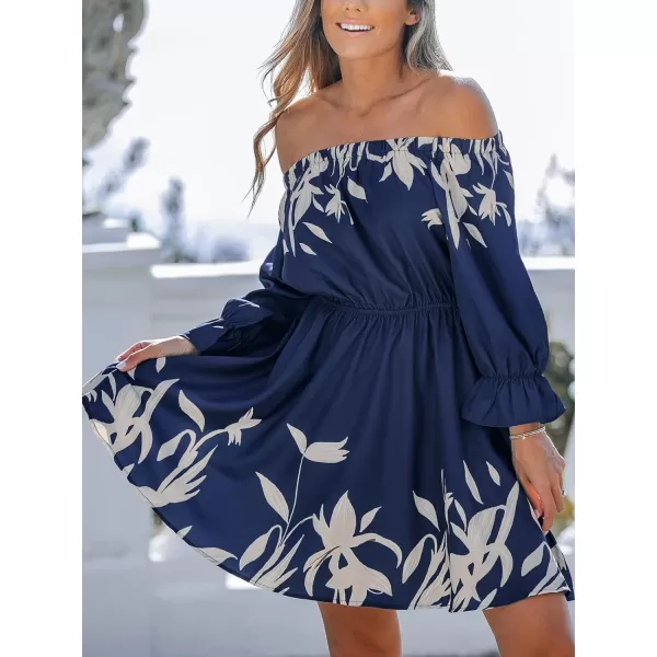imageCUPSHE Women Boho Paisley Dress Off Shoulder Ruffled 34 Sleeve Beach Summer A Line Mini DressNavy Blue