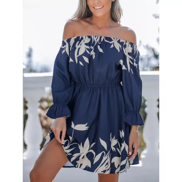 imageCUPSHE Women Boho Paisley Dress Off Shoulder Ruffled 34 Sleeve Beach Summer A Line Mini DressNavy Blue