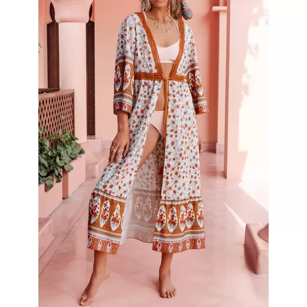 imageCUPSHE Women Boho Tassel Lace Trims Cover Up Bell Sleeve Tie Waist Maxi KimonoRed