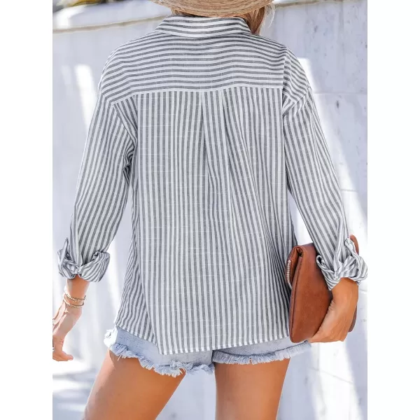 imageCUPSHE Women ButtonFront Shirt Striped Long Sleeves Basic Collar TopsGrey Striped