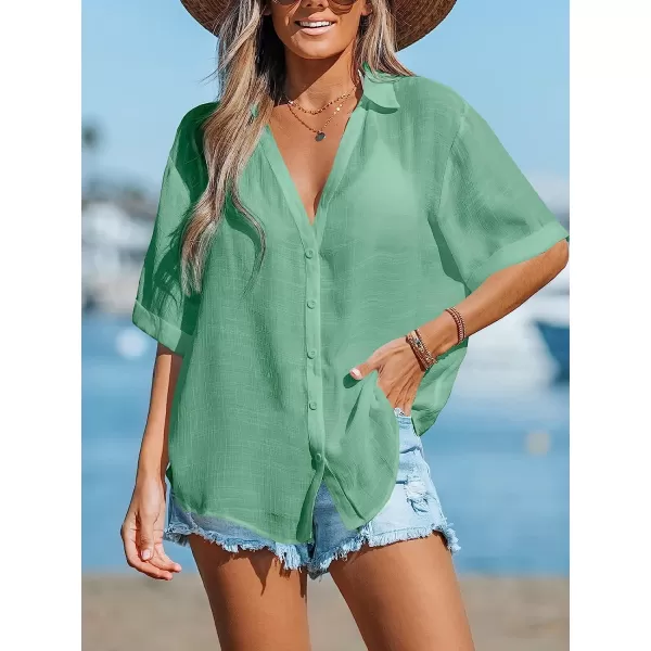 imageCUPSHE Women Buttoned CoverUp Shirt Casual Summer Short Sleeves Solid Cover UpGreen