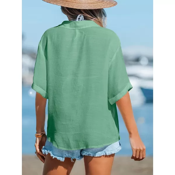 imageCUPSHE Women Buttoned CoverUp Shirt Casual Summer Short Sleeves Solid Cover UpGreen