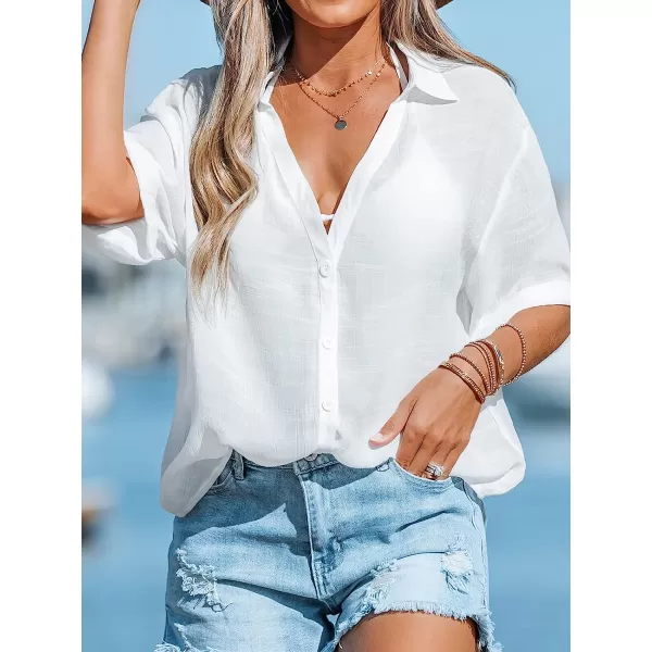 imageCUPSHE Women Buttoned CoverUp Shirt Casual Summer Short Sleeves Solid Cover UpWhite