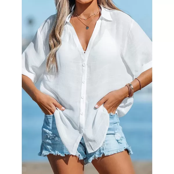 imageCUPSHE Women Buttoned CoverUp Shirt Casual Summer Short Sleeves Solid Cover UpWhite