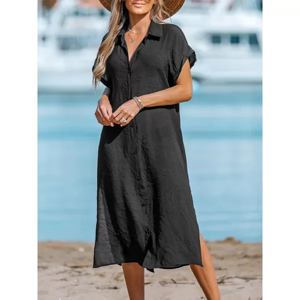 imageCUPSHE Women Buttoned CoverUp Shirt Dress Summer Short Sleeve Split Midi DressesBlack