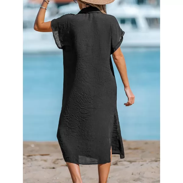 imageCUPSHE Women Buttoned CoverUp Shirt Dress Summer Short Sleeve Split Midi DressesBlack