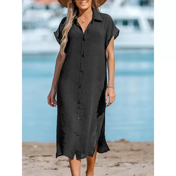 imageCUPSHE Women Buttoned CoverUp Shirt Dress Summer Short Sleeve Split Midi DressesBlack