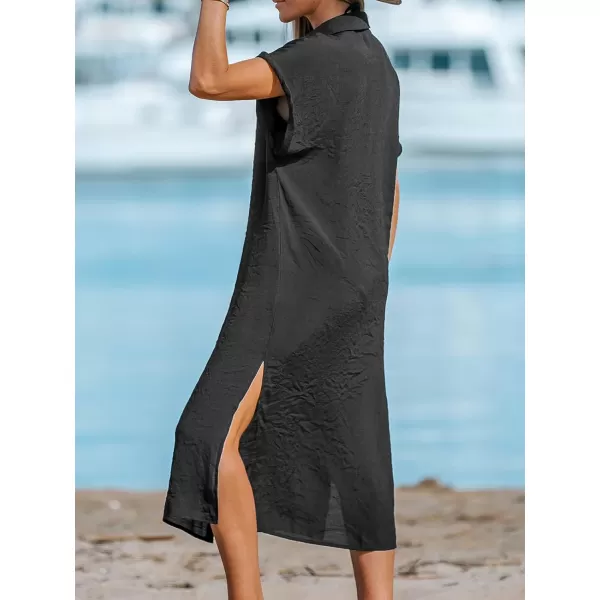 imageCUPSHE Women Buttoned CoverUp Shirt Dress Summer Short Sleeve Split Midi DressesBlack