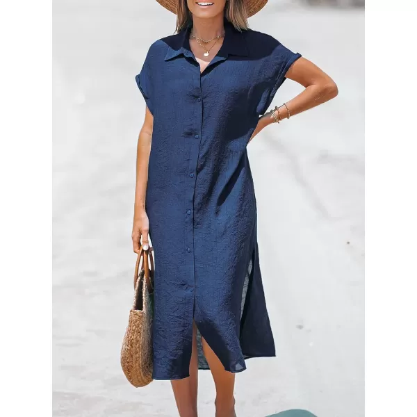 imageCUPSHE Women Buttoned CoverUp Shirt Dress Summer Short Sleeve Split Midi DressesDark Blue