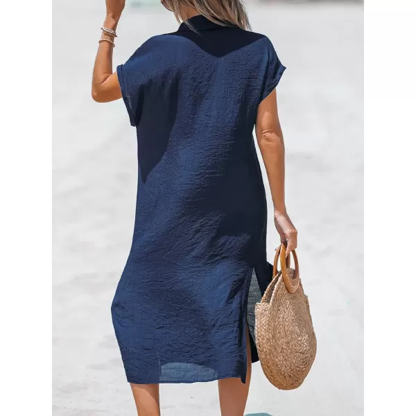 imageCUPSHE Women Buttoned CoverUp Shirt Dress Summer Short Sleeve Split Midi DressesDark Blue