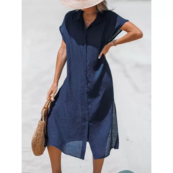 imageCUPSHE Women Buttoned CoverUp Shirt Dress Summer Short Sleeve Split Midi DressesDark Blue