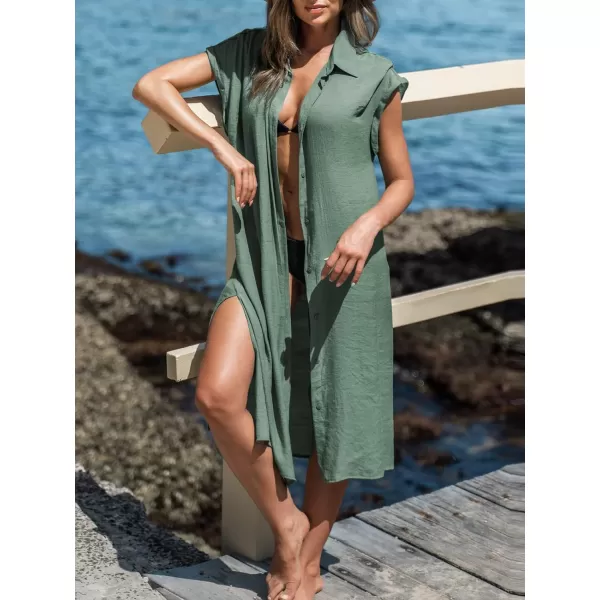 imageCUPSHE Women Buttoned CoverUp Shirt Dress Summer Short Sleeve Split Midi DressesGreen