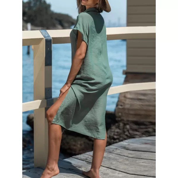 imageCUPSHE Women Buttoned CoverUp Shirt Dress Summer Short Sleeve Split Midi DressesGreen