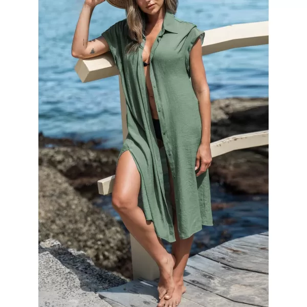 imageCUPSHE Women Buttoned CoverUp Shirt Dress Summer Short Sleeve Split Midi DressesGreen