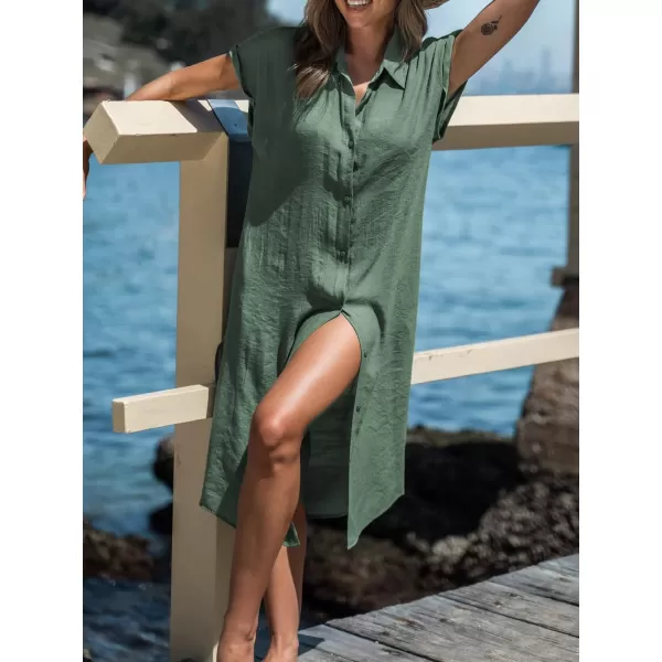 imageCUPSHE Women Buttoned CoverUp Shirt Dress Summer Short Sleeve Split Midi DressesGreen