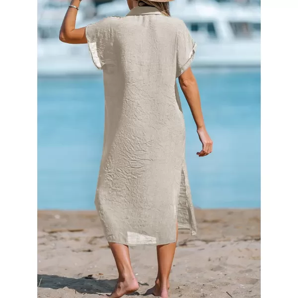 imageCUPSHE Women Buttoned CoverUp Shirt Dress Summer Short Sleeve Split Midi DressesLight Brown
