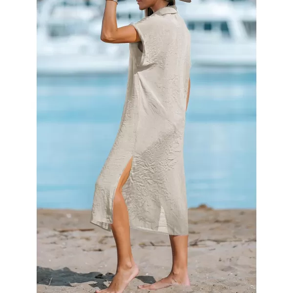 imageCUPSHE Women Buttoned CoverUp Shirt Dress Summer Short Sleeve Split Midi DressesLight Brown