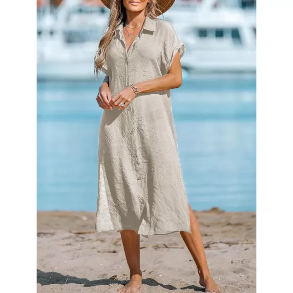 imageCUPSHE Women Buttoned CoverUp Shirt Dress Summer Short Sleeve Split Midi DressesLight Brown