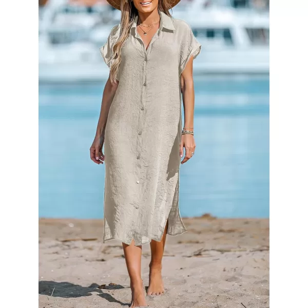 imageCUPSHE Women Buttoned CoverUp Shirt Dress Summer Short Sleeve Split Midi DressesLight Brown