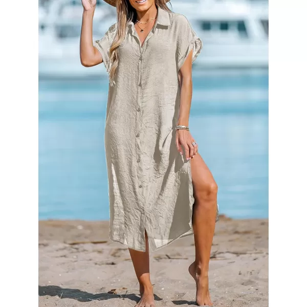 imageCUPSHE Women Buttoned CoverUp Shirt Dress Summer Short Sleeve Split Midi DressesLight Brown