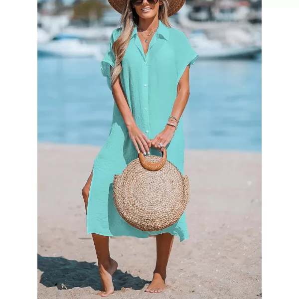 imageCUPSHE Women Buttoned CoverUp Shirt Dress Summer Short Sleeve Split Midi DressesLight Green