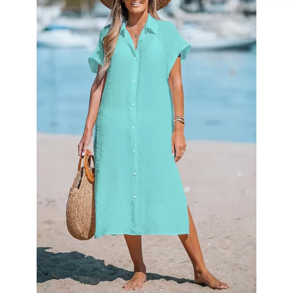 imageCUPSHE Women Buttoned CoverUp Shirt Dress Summer Short Sleeve Split Midi DressesLight Green