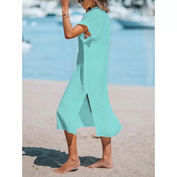 imageCUPSHE Women Buttoned CoverUp Shirt Dress Summer Short Sleeve Split Midi DressesLight Green