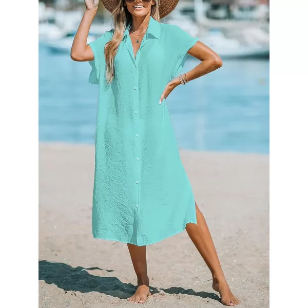 imageCUPSHE Women Buttoned CoverUp Shirt Dress Summer Short Sleeve Split Midi DressesLight Green