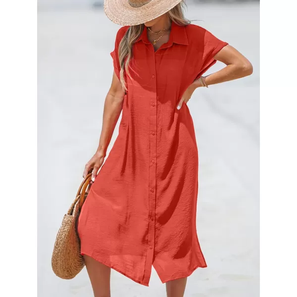 imageCUPSHE Women Buttoned CoverUp Shirt Dress Summer Short Sleeve Split Midi DressesRed