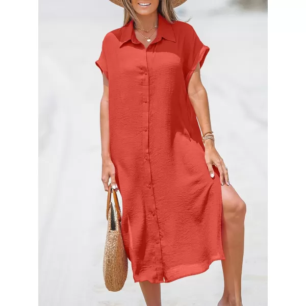 imageCUPSHE Women Buttoned CoverUp Shirt Dress Summer Short Sleeve Split Midi DressesRed
