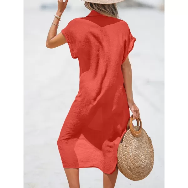 imageCUPSHE Women Buttoned CoverUp Shirt Dress Summer Short Sleeve Split Midi DressesRed