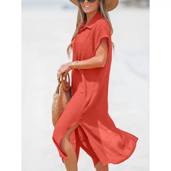 imageCUPSHE Women Buttoned CoverUp Shirt Dress Summer Short Sleeve Split Midi DressesRed