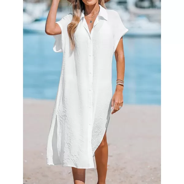 imageCUPSHE Women Buttoned CoverUp Shirt Dress Summer Short Sleeve Split Midi DressesWhite