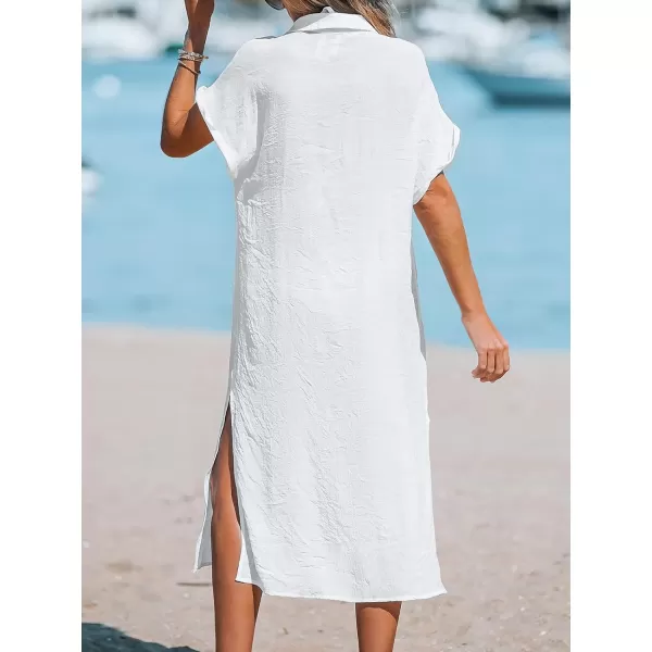 imageCUPSHE Women Buttoned CoverUp Shirt Dress Summer Short Sleeve Split Midi DressesWhite