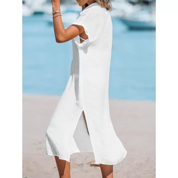 imageCUPSHE Women Buttoned CoverUp Shirt Dress Summer Short Sleeve Split Midi DressesWhite