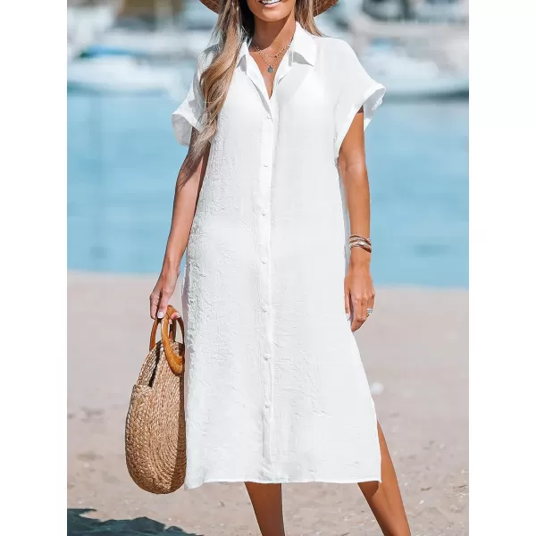 imageCUPSHE Women Buttoned CoverUp Shirt Dress Summer Short Sleeve Split Midi DressesWhite