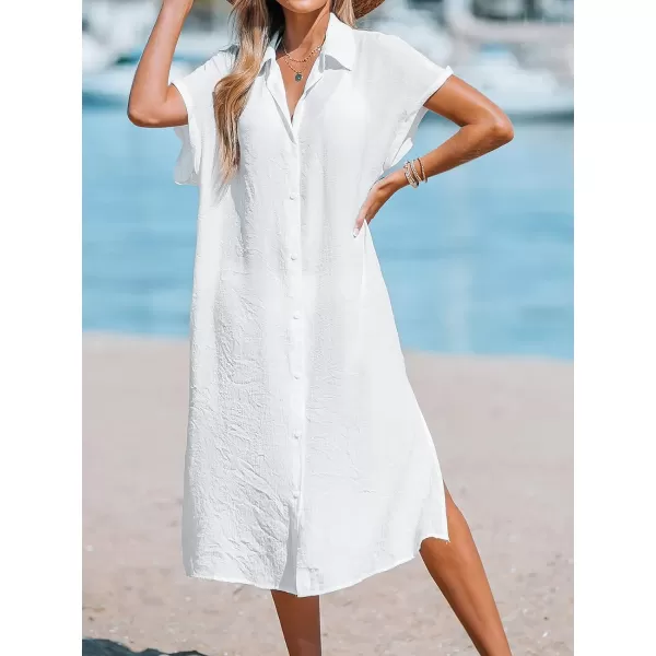 imageCUPSHE Women Buttoned CoverUp Shirt Dress Summer Short Sleeve Split Midi DressesWhite