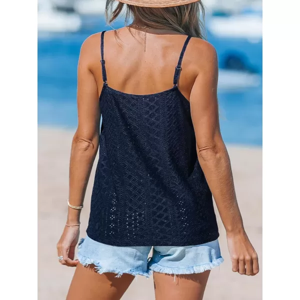 imageCUPSHE Women Camisole Tops Lace Sleeveless V Neck Cami Spaghetti Strap Cutout Tank BlousesNavy