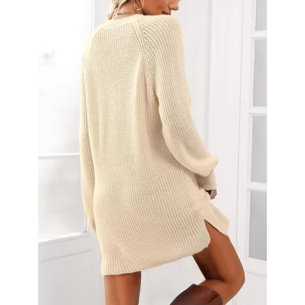 imageCUPSHE Women Casual Button Down VNeck Sweater Dress Winter Long Sleeve Knit Midi DressesBeige
