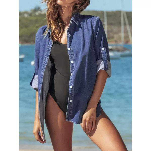 imageCUPSHE Women Casual ButtonFront Denim Shirt 34 Roll Sleeve Basic Collar ShirtsDark Blue