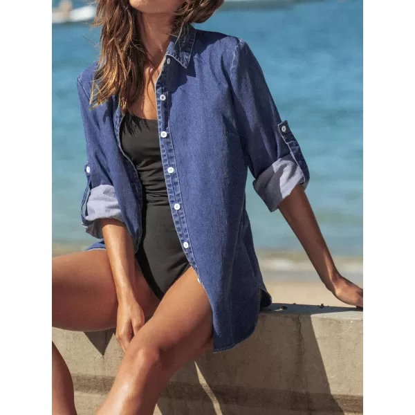 imageCUPSHE Women Casual ButtonFront Denim Shirt 34 Roll Sleeve Basic Collar ShirtsDark Blue