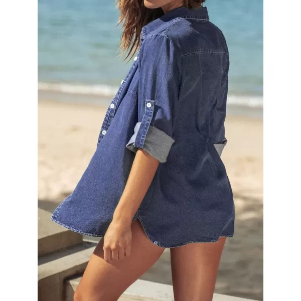 imageCUPSHE Women Casual ButtonFront Denim Shirt 34 Roll Sleeve Basic Collar ShirtsDark Blue