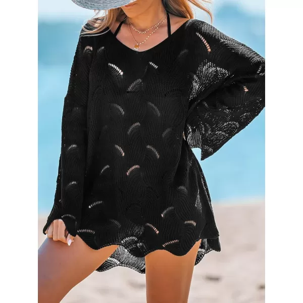 imageCUPSHE Women Casual Cut Out Swim Cover Up Drop Shoulder Long Sleeve VNeck CoverUpsBlack