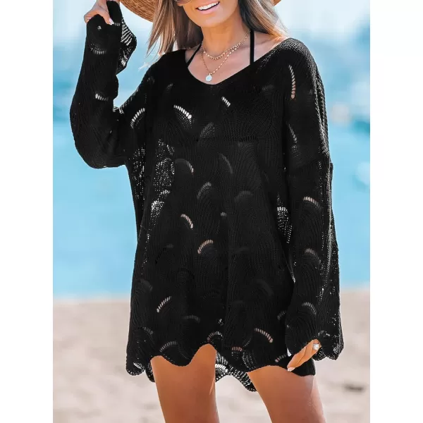 imageCUPSHE Women Casual Cut Out Swim Cover Up Drop Shoulder Long Sleeve VNeck CoverUpsBlack