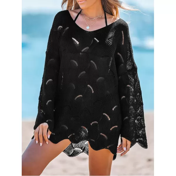imageCUPSHE Women Casual Cut Out Swim Cover Up Drop Shoulder Long Sleeve VNeck CoverUpsBlack